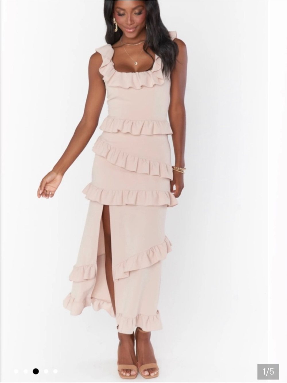 NWT! Show Me Your MuMu Greta Dusty Blush Ruffle-Trim Midi Dress - Picture 3 of 5